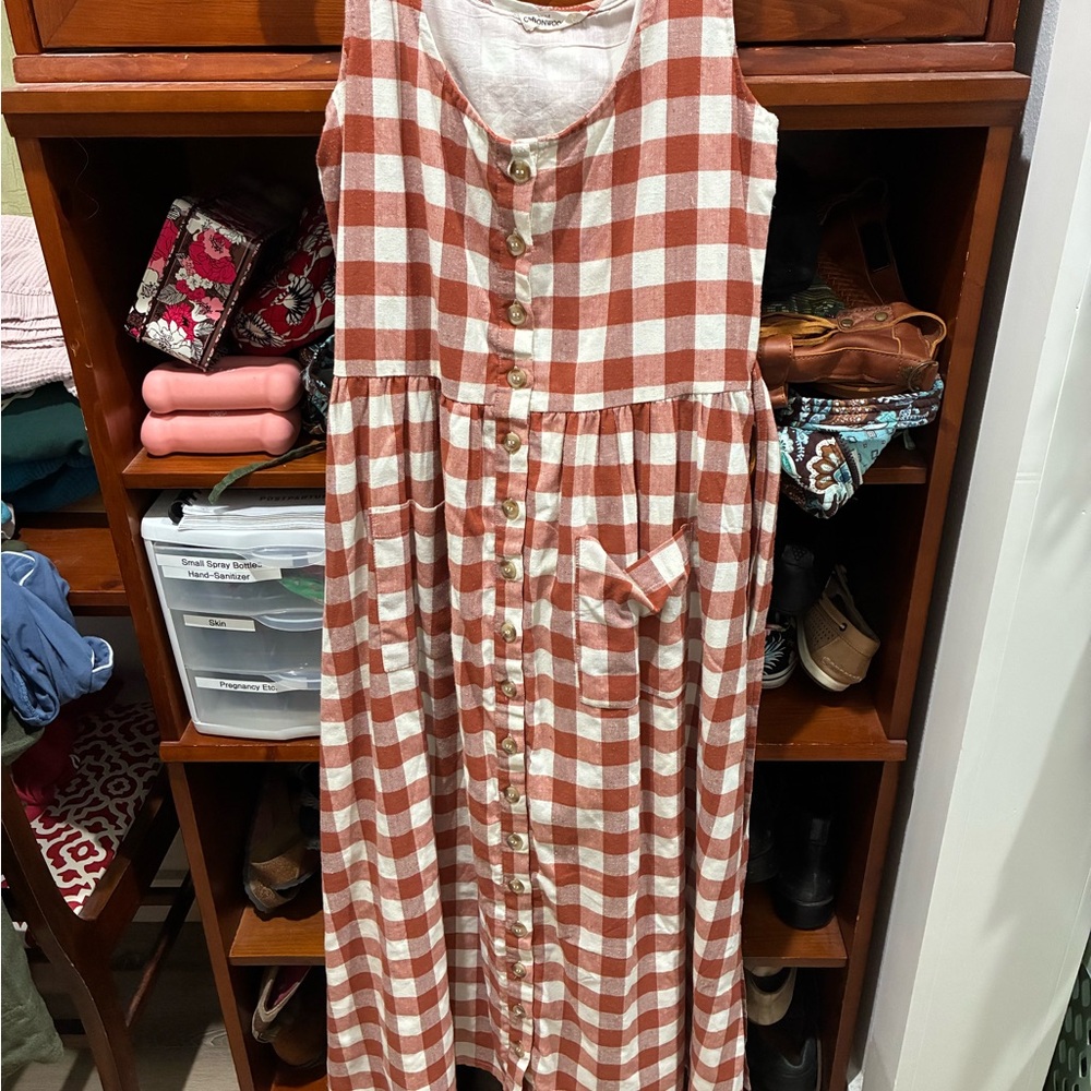 Red and White Checkered Button-Down Dress